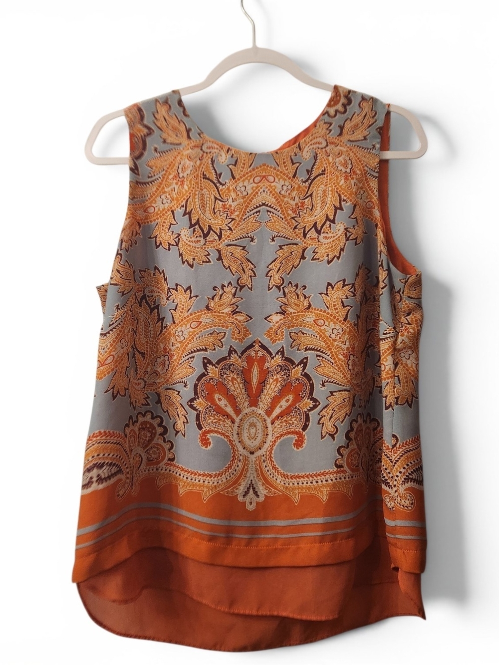 Rose & Olive Orange and Gray Paisley Layered Tank
